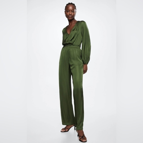 Mango Satin Green Formal Long Sleeve Jumpsuit Elegant Chic Jewel Tone Office XS - Picture 1 of 16